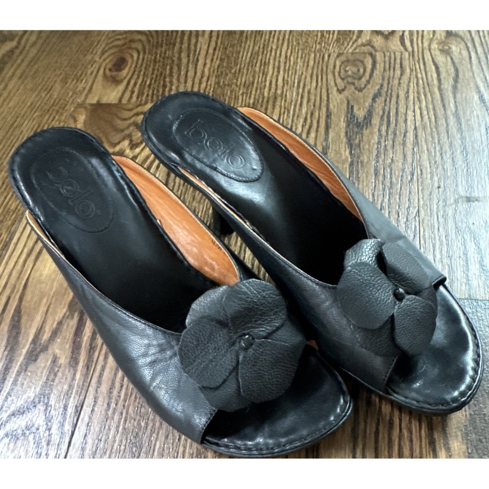 Bolo Black Leather Flower Mule Heels Slides Women's 9 EU 40.5